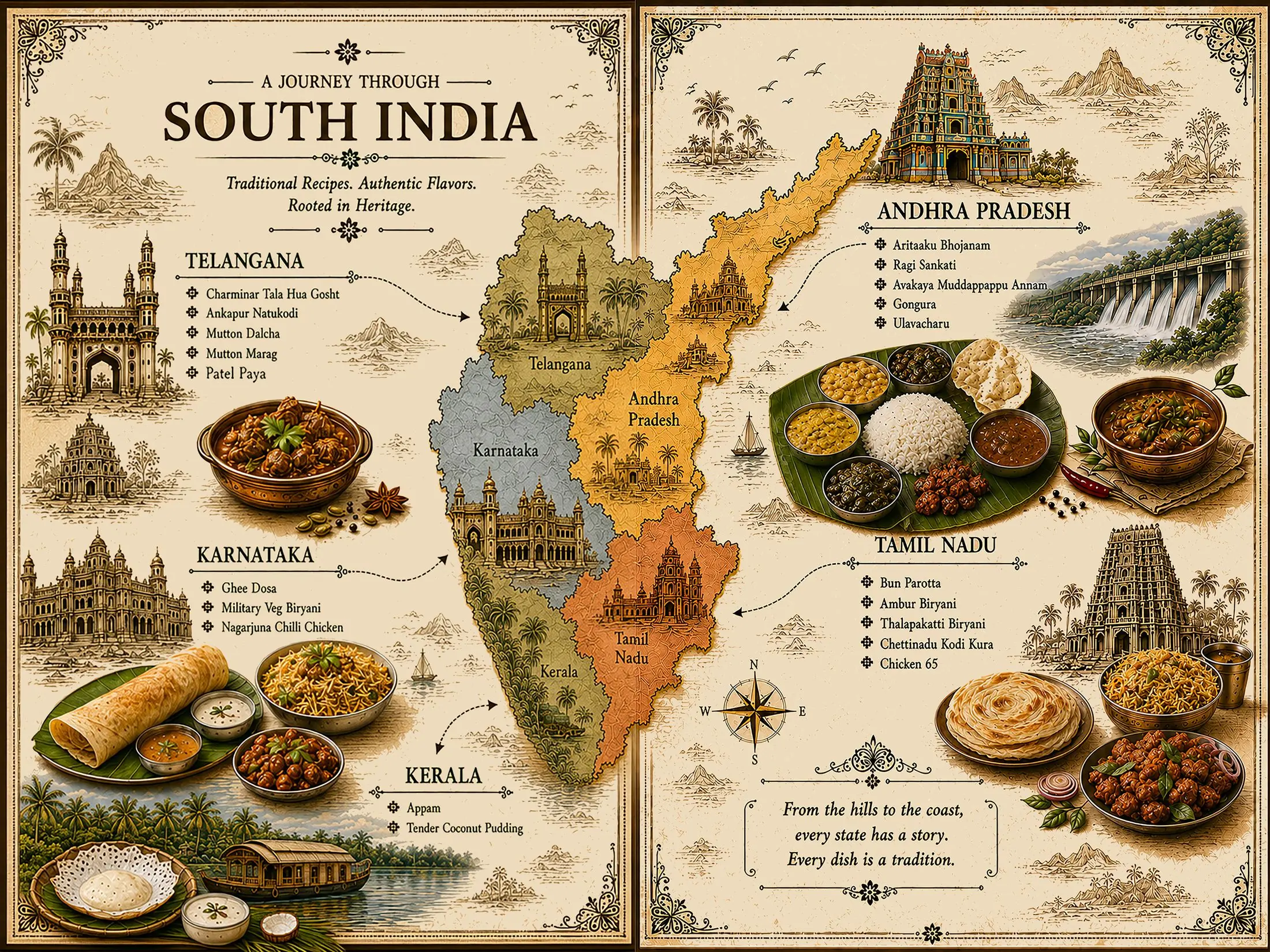 Illustrated map of South India from the Swagramam menu, showing Telangana, Andhra Pradesh, Karnataka, Kerala and Tamil Nadu with their signature dishes