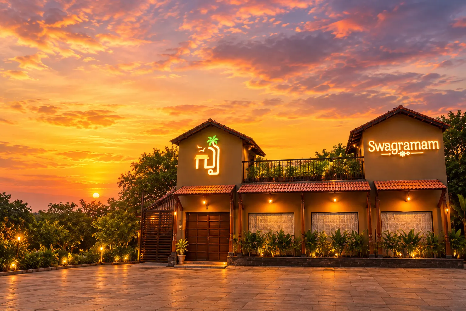 Swagramam restaurant glowing at sunset in Vijayawada
