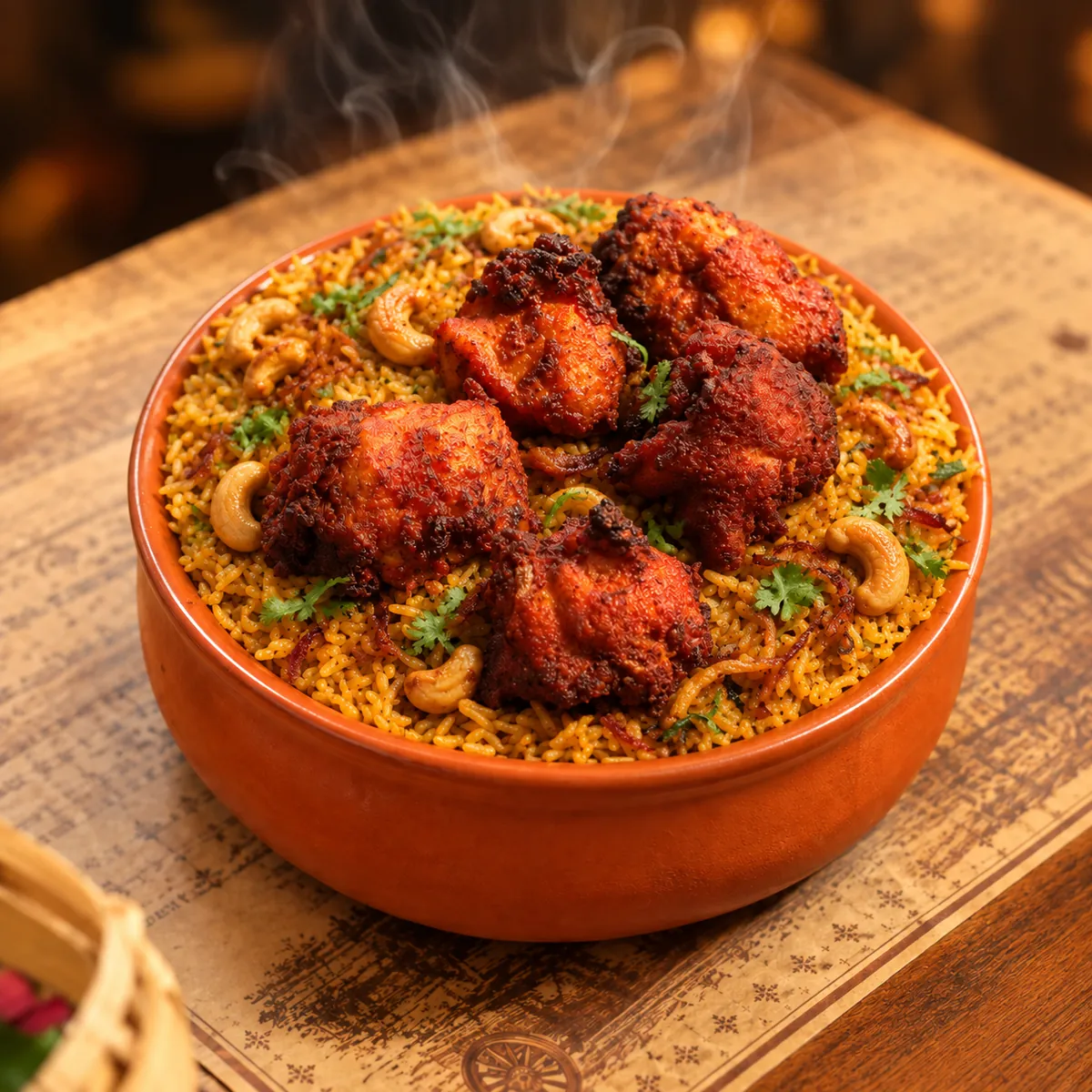 Signature biryani served in a clay pot
