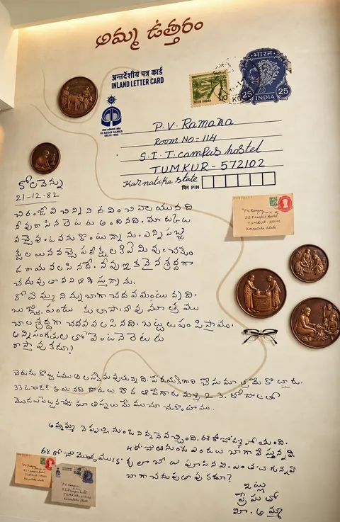 Amma Uttaram, a handwritten Telugu letter dated 21 December 1982, addressed to our founder Ramana